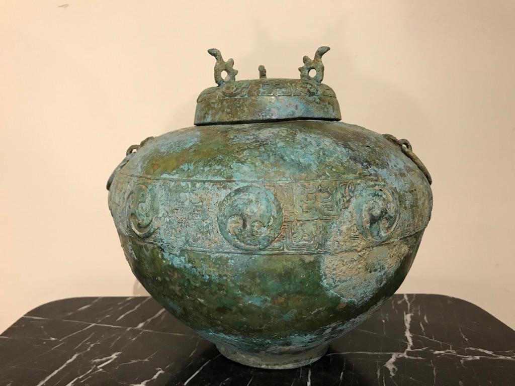 Chinese Bronze Archaistic Lidded Vessel with Verdigris Patina 11