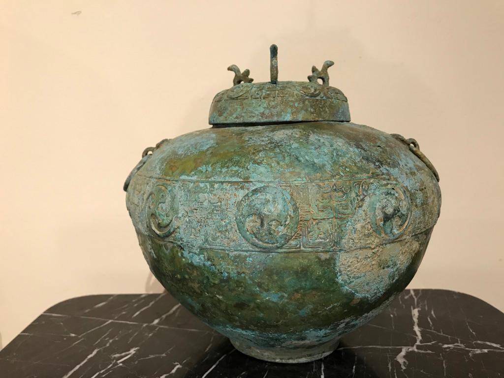Chinese Bronze Archaistic Lidded Vessel with Verdigris Patina 14