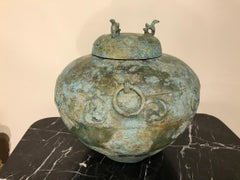 Chinese Bronze Archaistic Lidded Vessel with Verdigris Patina