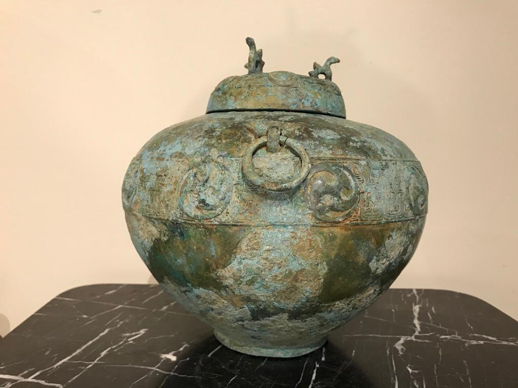 Cast Chinese Bronze Archaistic Lidded Vessel with Verdigris Patina