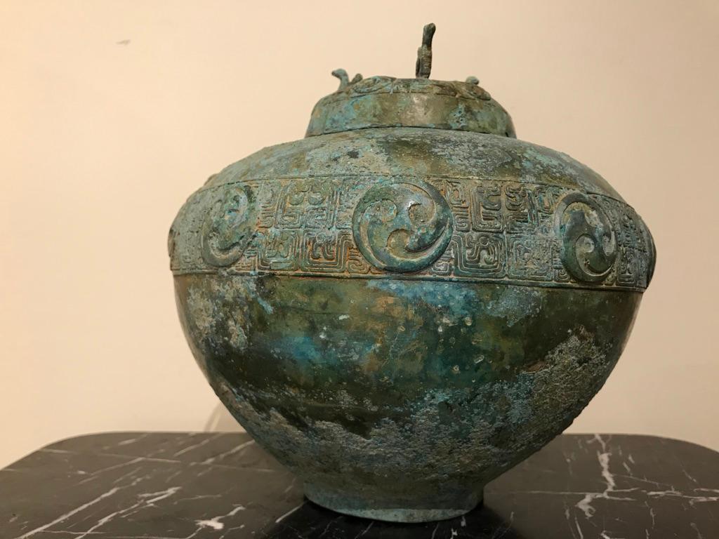 20th Century Chinese Bronze Archaistic Lidded Vessel with Verdigris Patina