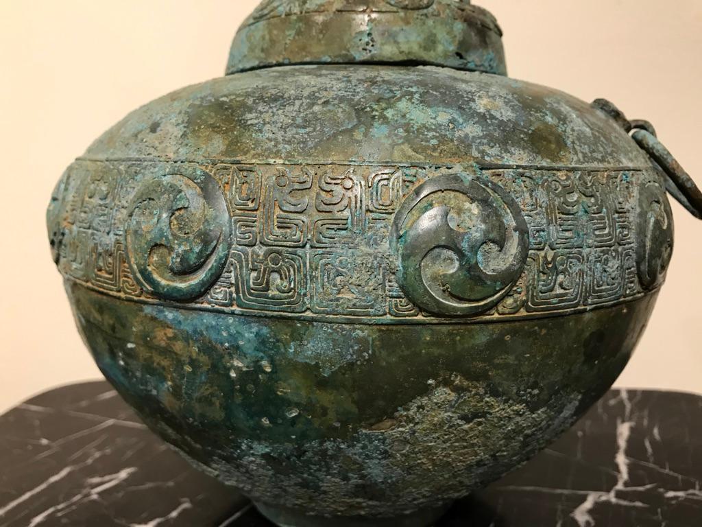 Chinese Bronze Archaistic Lidded Vessel with Verdigris Patina 1