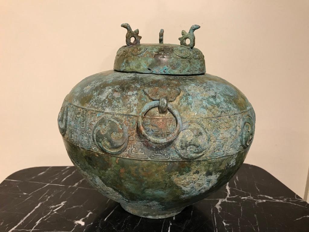 Chinese Bronze Archaistic Lidded Vessel with Verdigris Patina 2
