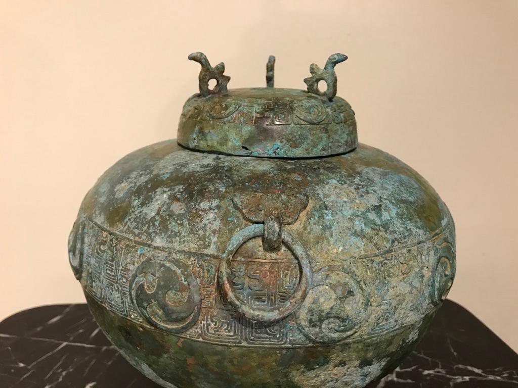 Chinese Bronze Archaistic Lidded Vessel with Verdigris Patina 3