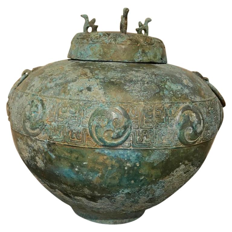 Chinese Bronze Archaistic Lidded Vessel with Verdigris Patina