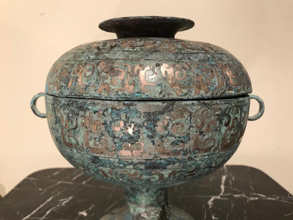 Chinese Bronze Archaistic Vessel with Silver Inlay and Verdigris Patina 5