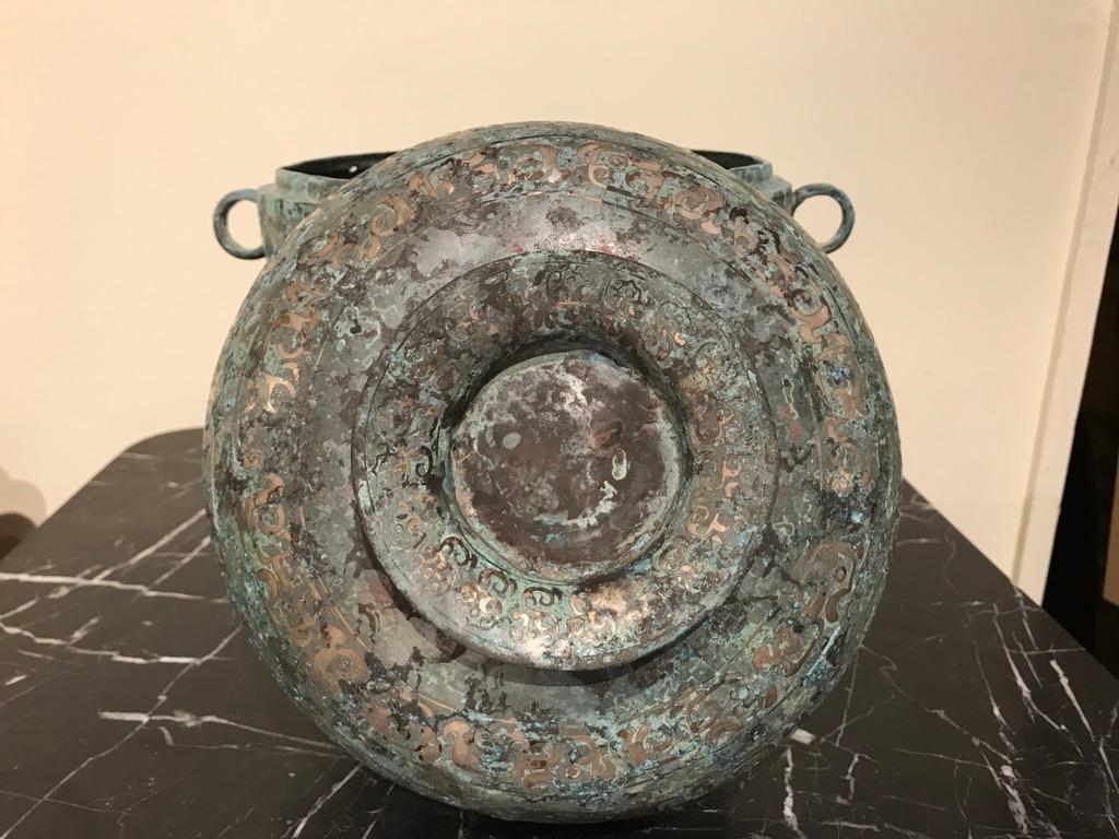 Chinese Bronze Archaistic Vessel with Silver Inlay and Verdigris Patina 9