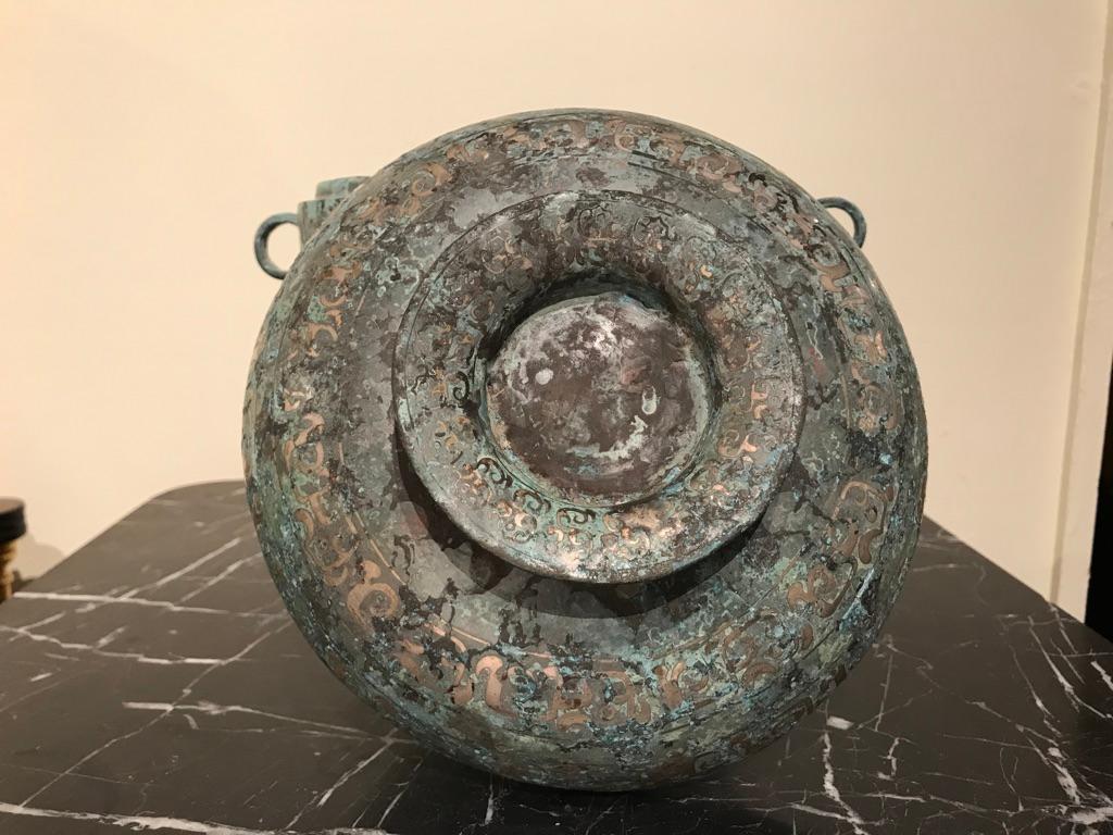 Chinese Bronze Archaistic Vessel with Silver Inlay and Verdigris Patina 10