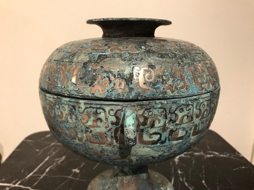 Chinese Bronze Archaistic Vessel with Silver Inlay and Verdigris Patina 3