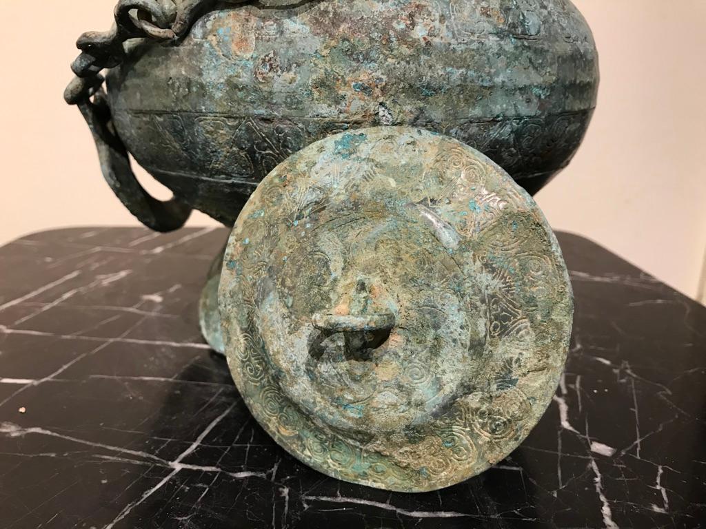 Chinese Bronze Verdigris Archaistic Warring States Style Ritual Vessel 5