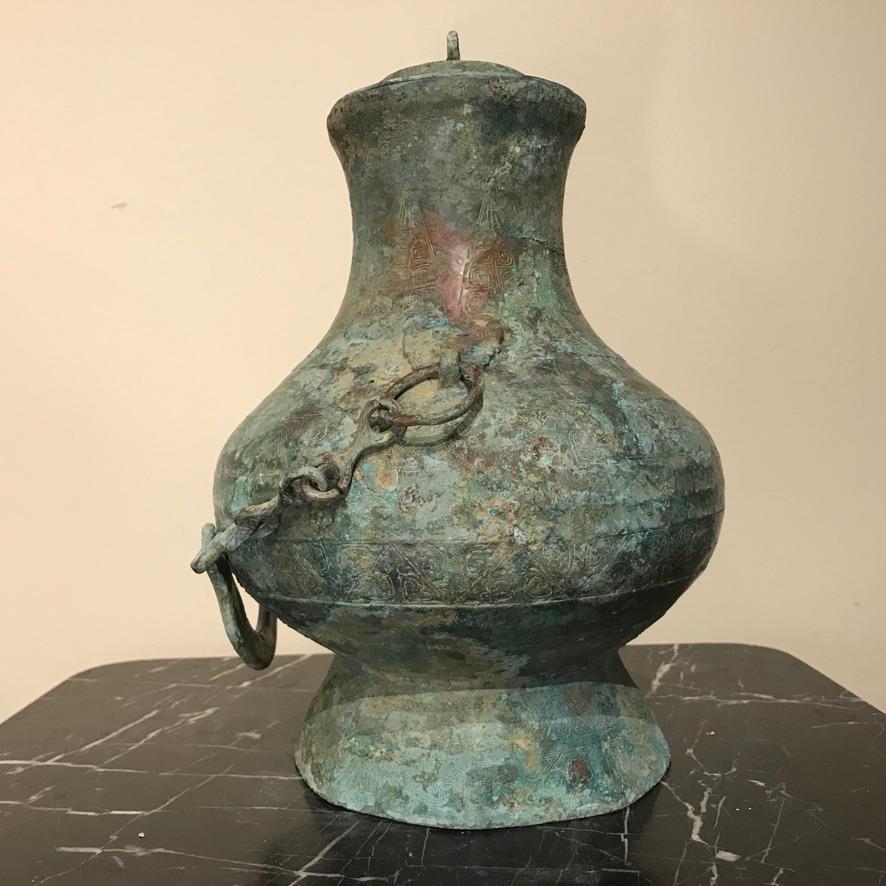 Cast Chinese Bronze Verdigris Archaistic Warring States Style Ritual Vessel