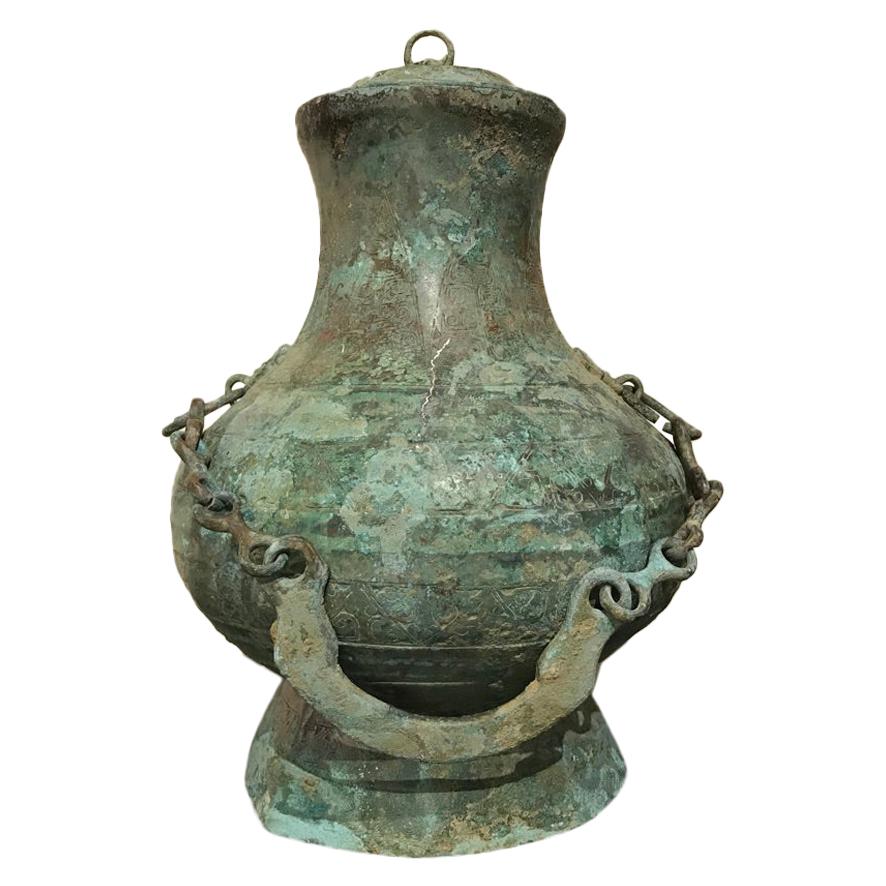 Chinese Bronze Verdigris Archaistic Warring States Style Ritual Vessel