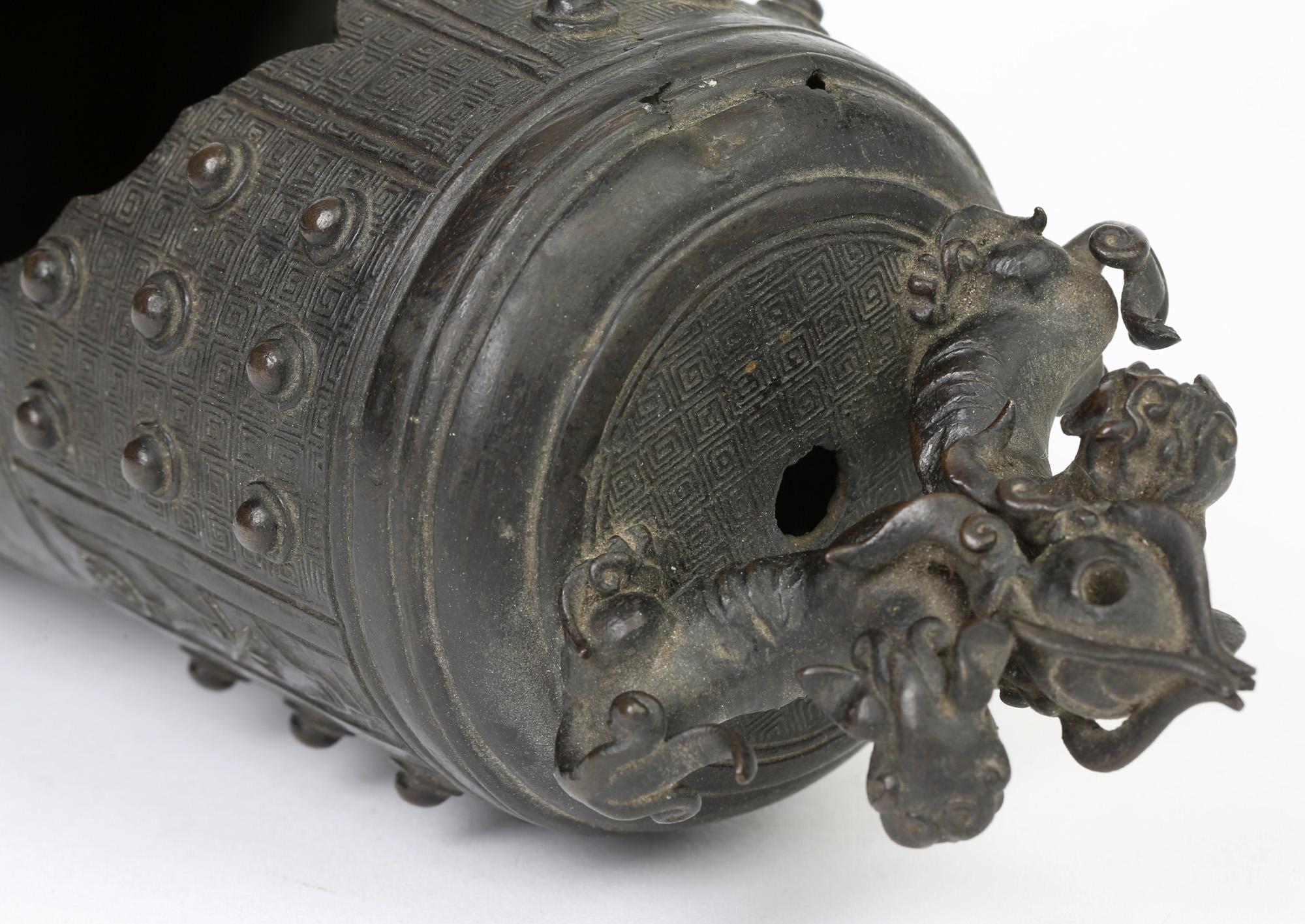 Ming Chinese Bronze Bell Shaped Censer Mounted With Buddhistic Lions