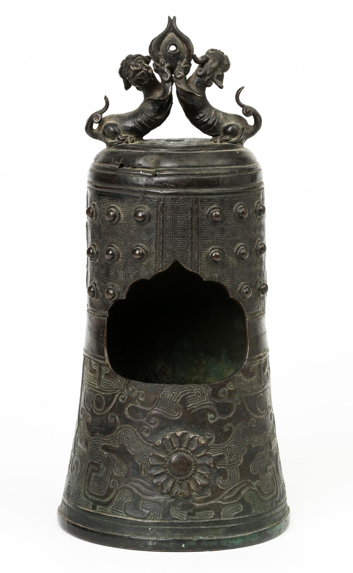 Cast Chinese Bronze Bell Shaped Censer Mounted With Buddhistic Lions  For Sale