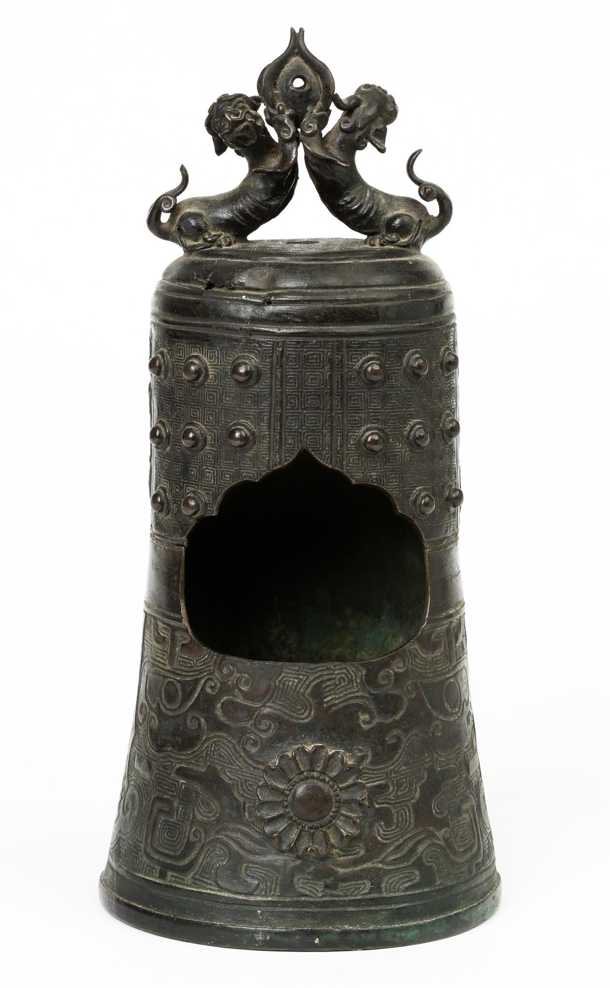 Cast Chinese Bronze Bell Shaped Censer Mounted With Buddhistic Lions