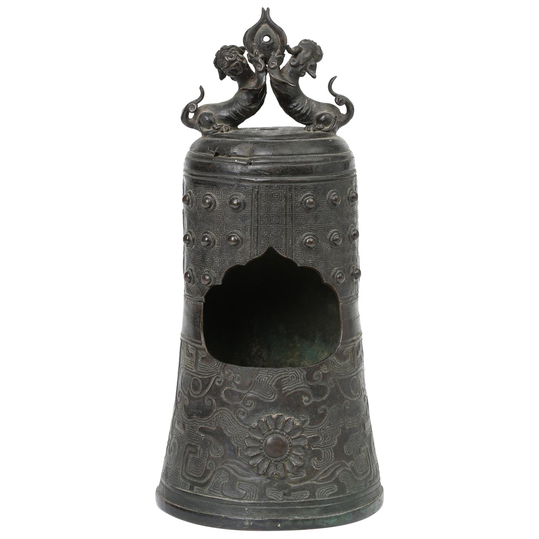 Chinese Bronze Bell Shaped Censer Mounted With Buddhistic Lions  For Sale