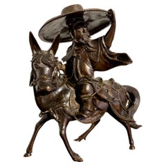 Antique Chinese Bronze Censer, Scholar Riding Donkey, Qing Dynasty, 19th Century, China