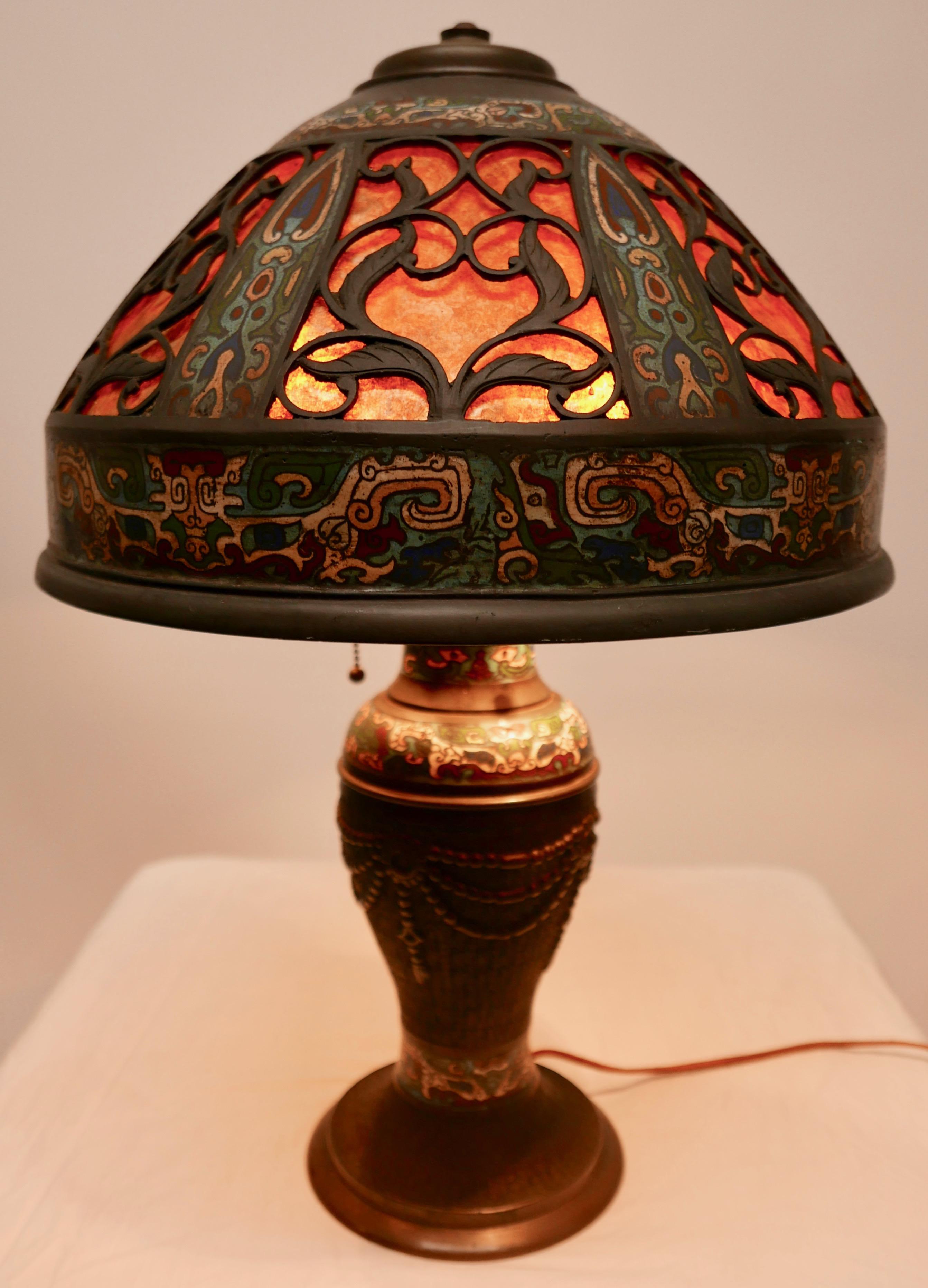 Chinese Bronze Champlevé Lamp and Shade 4
