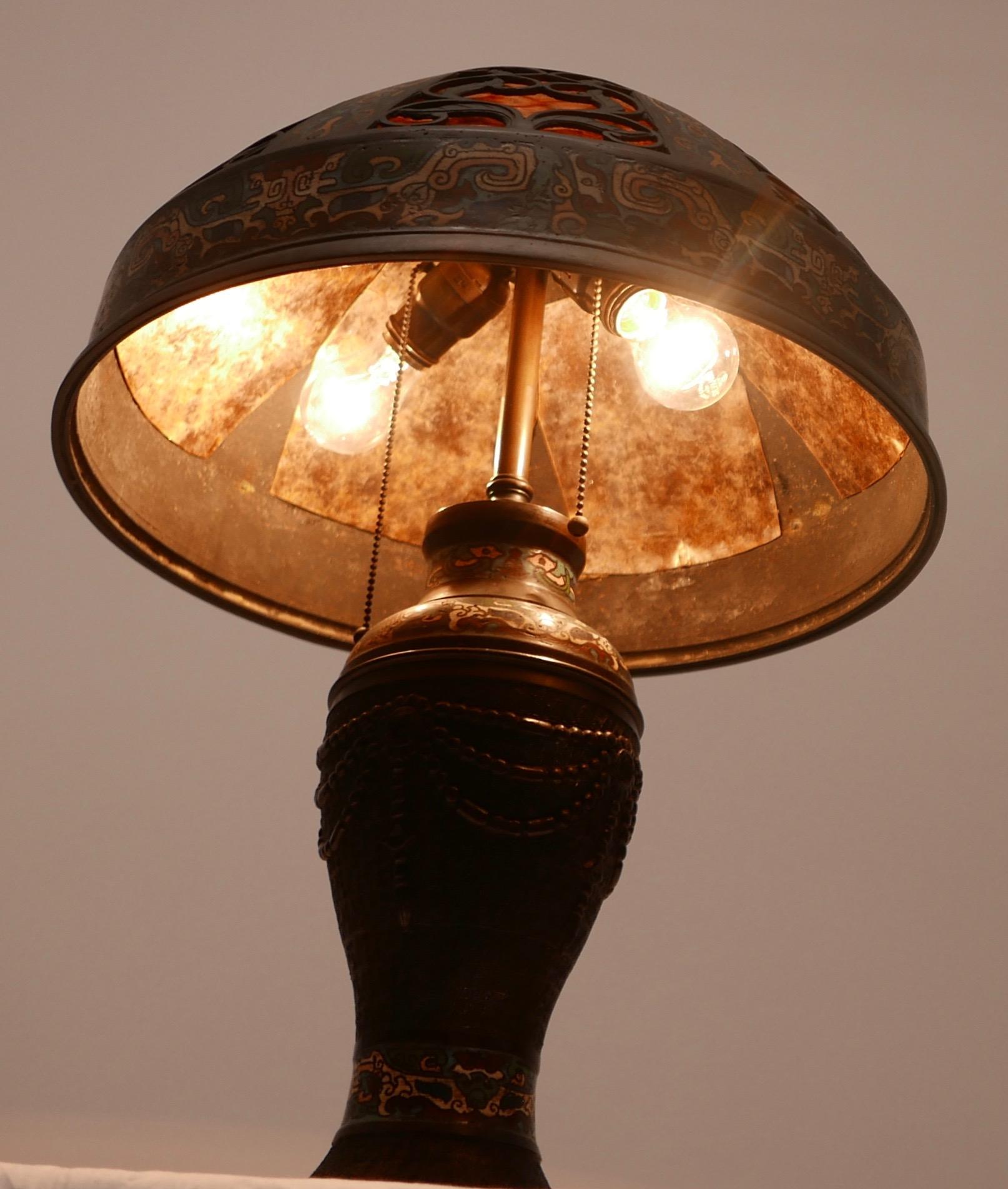 Chinese Bronze Champlevé Lamp and Shade 5