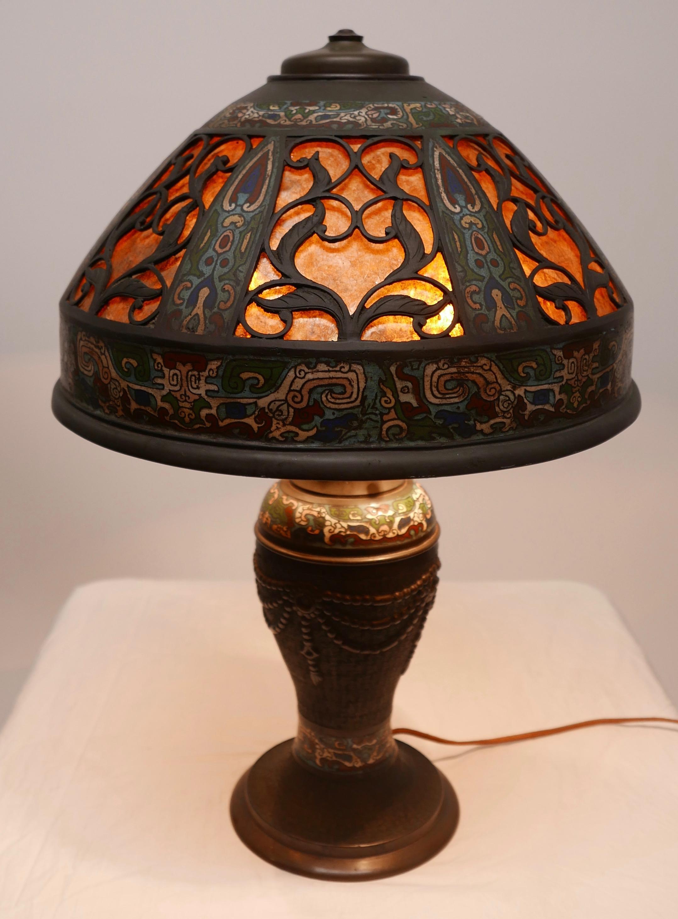 Chinese Bronze Champlevé Lamp and Shade 6
