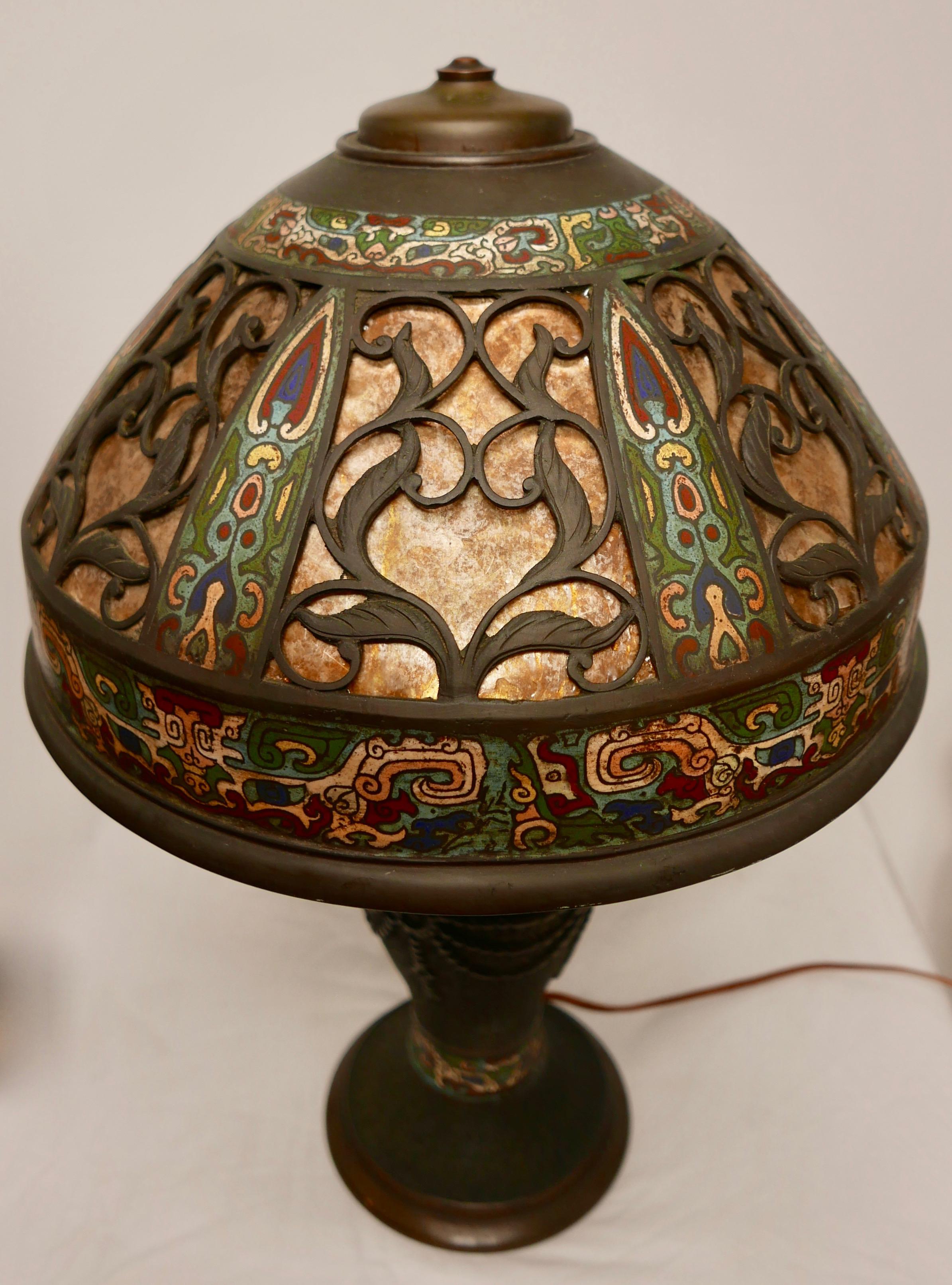 Beautiful and well-proportioned bronze champlevé enameled lamp base with its unusual matching shade and lovely patina.
China, circa 1910-1920.
 