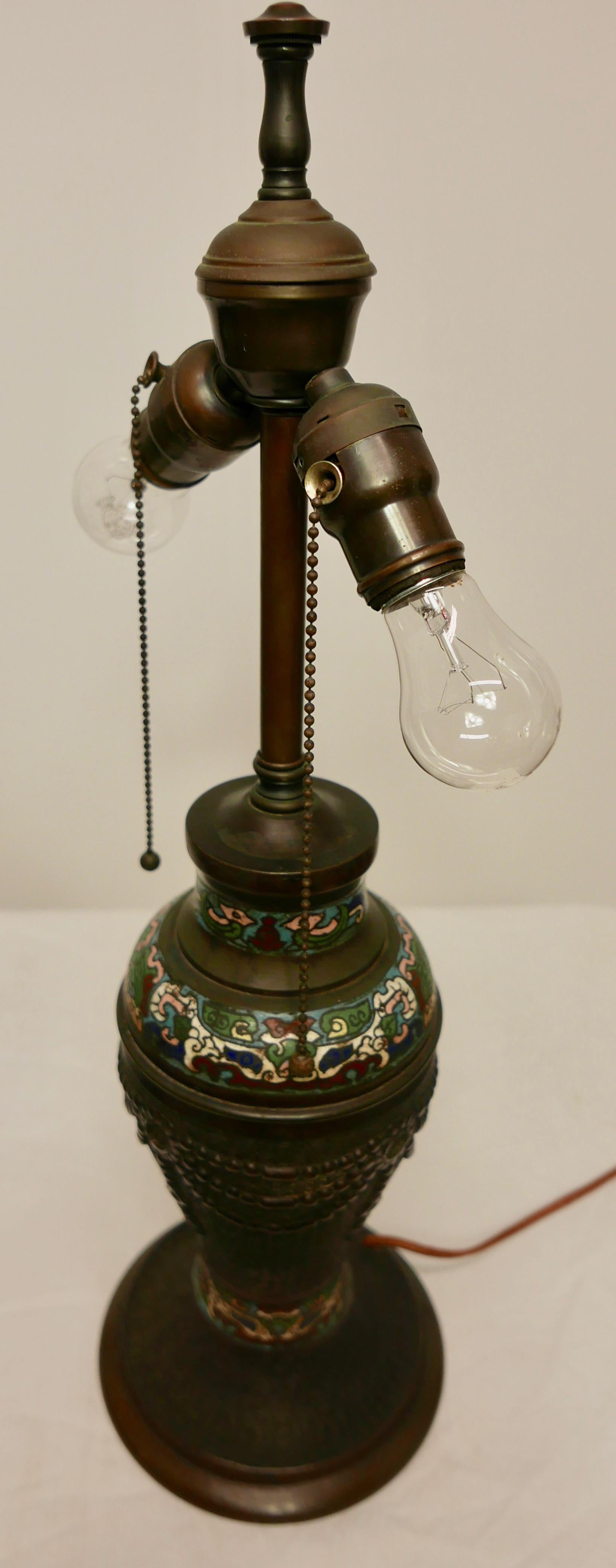 Chinoiserie Chinese Bronze Champlevé Lamp and Shade