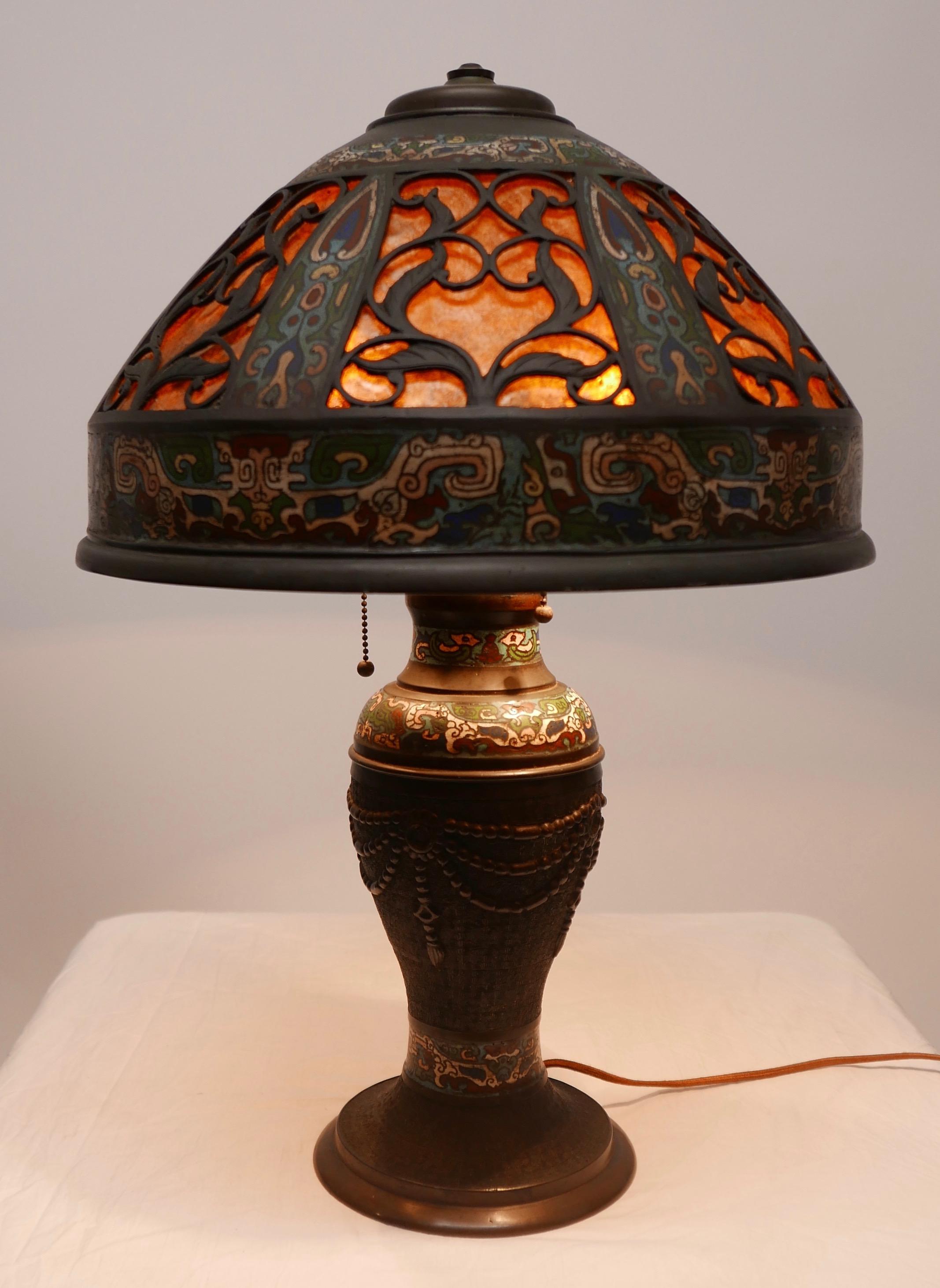 Chinese Bronze Champlevé Lamp and Shade In Good Condition In San Francisco, CA
