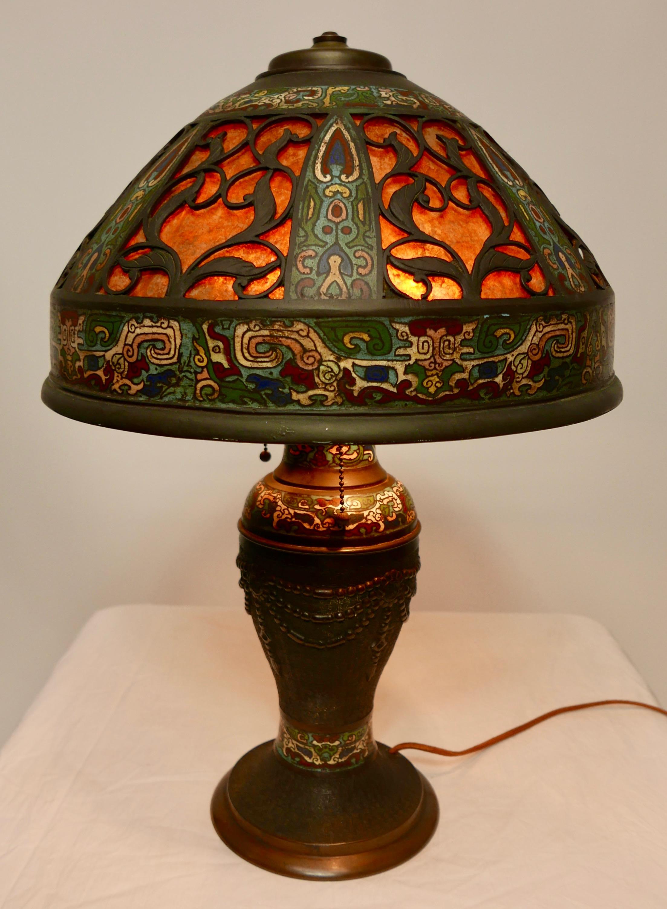 Chinese Bronze Champlevé Lamp and Shade 1