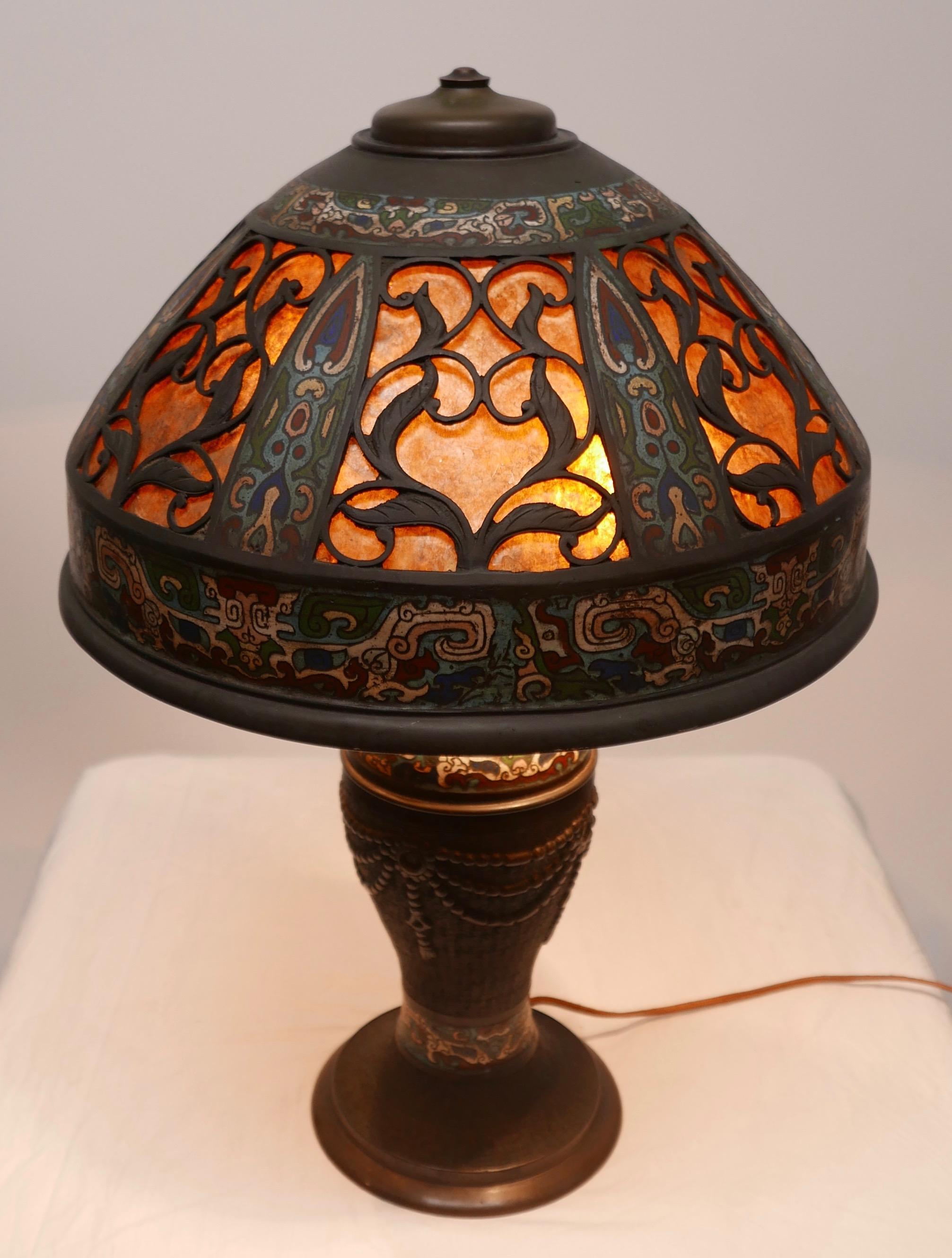 Chinese Bronze Champlevé Lamp and Shade 2