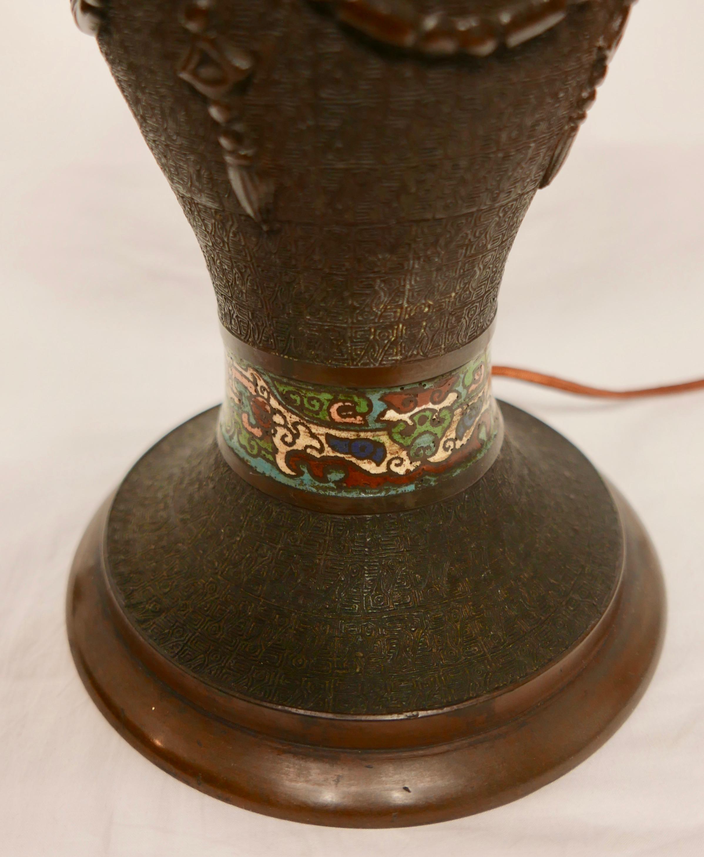 Chinese Bronze Champlevé Lamp and Shade 3