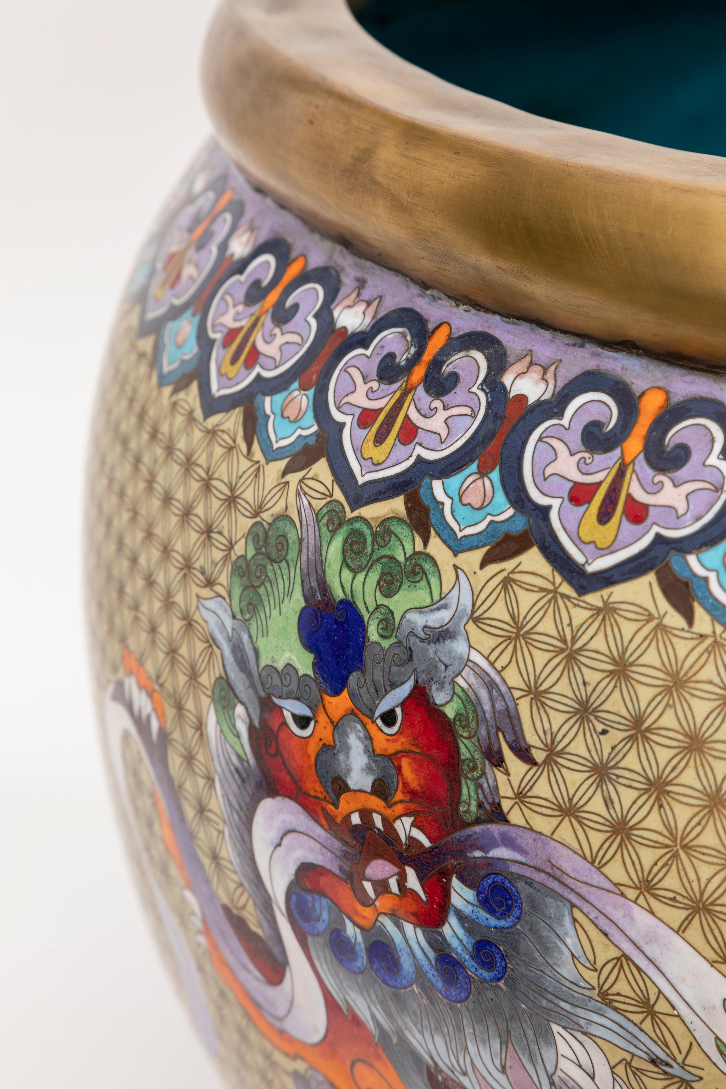 Chinese Bronze Cloisonné Foo Dog Jardinière, Lion Mask Handles: Republic Period For Sale 5