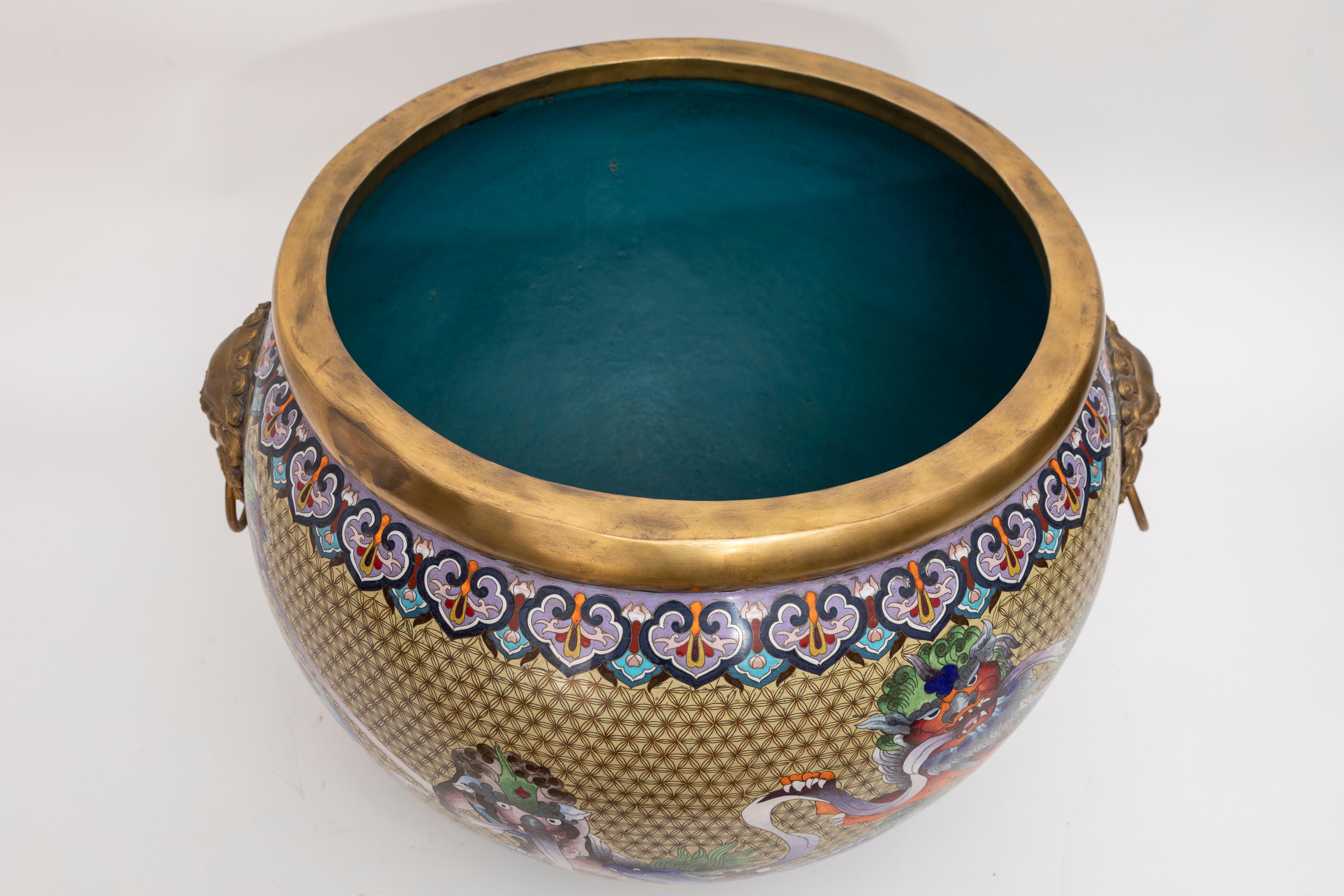 Chinese Bronze Cloisonné Foo Dog Jardinière, Lion Mask Handles: Republic Period For Sale 10