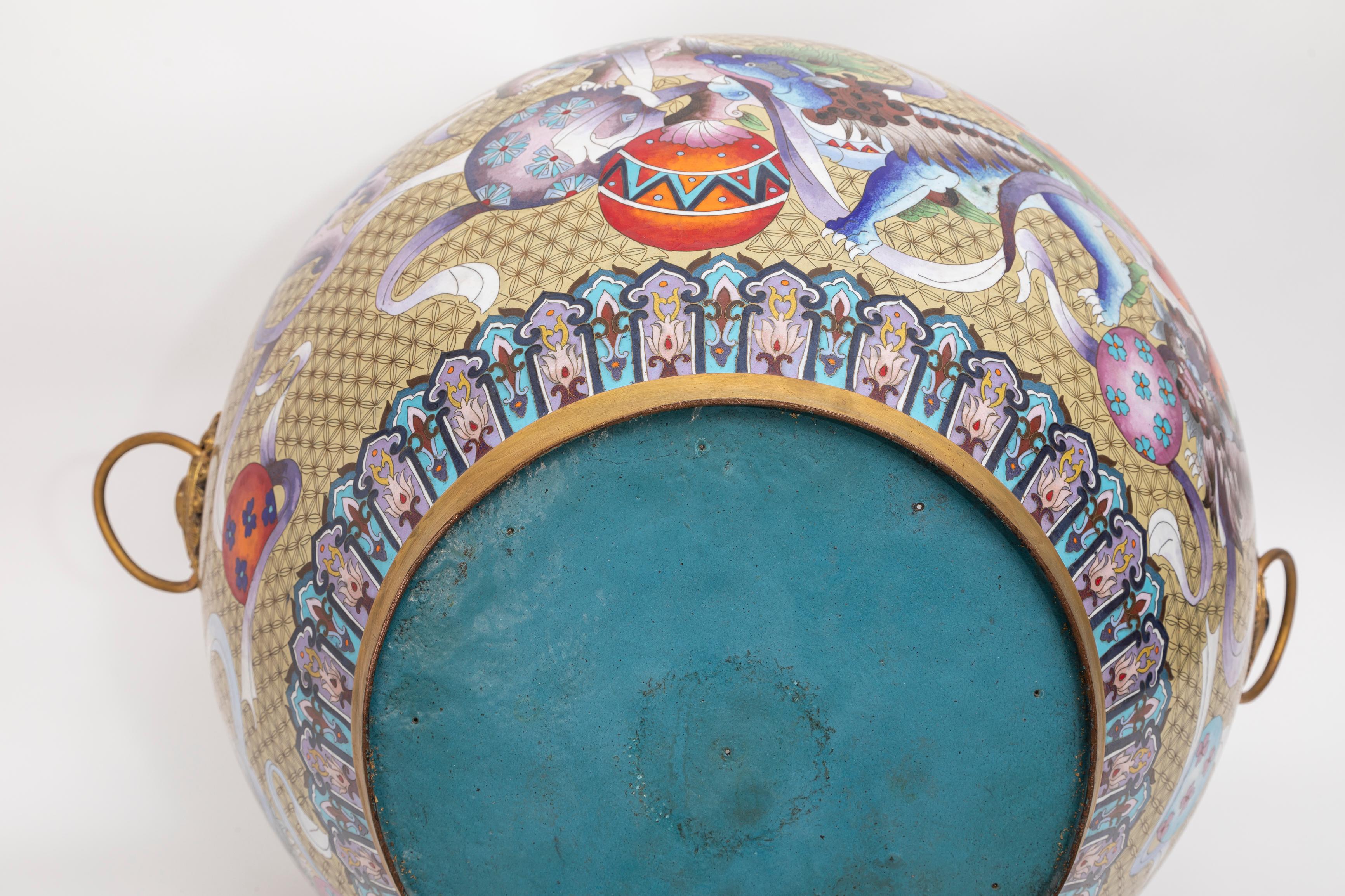 Chinese Bronze Cloisonné Foo Dog Jardinière, Lion Mask Handles: Republic Period For Sale 11