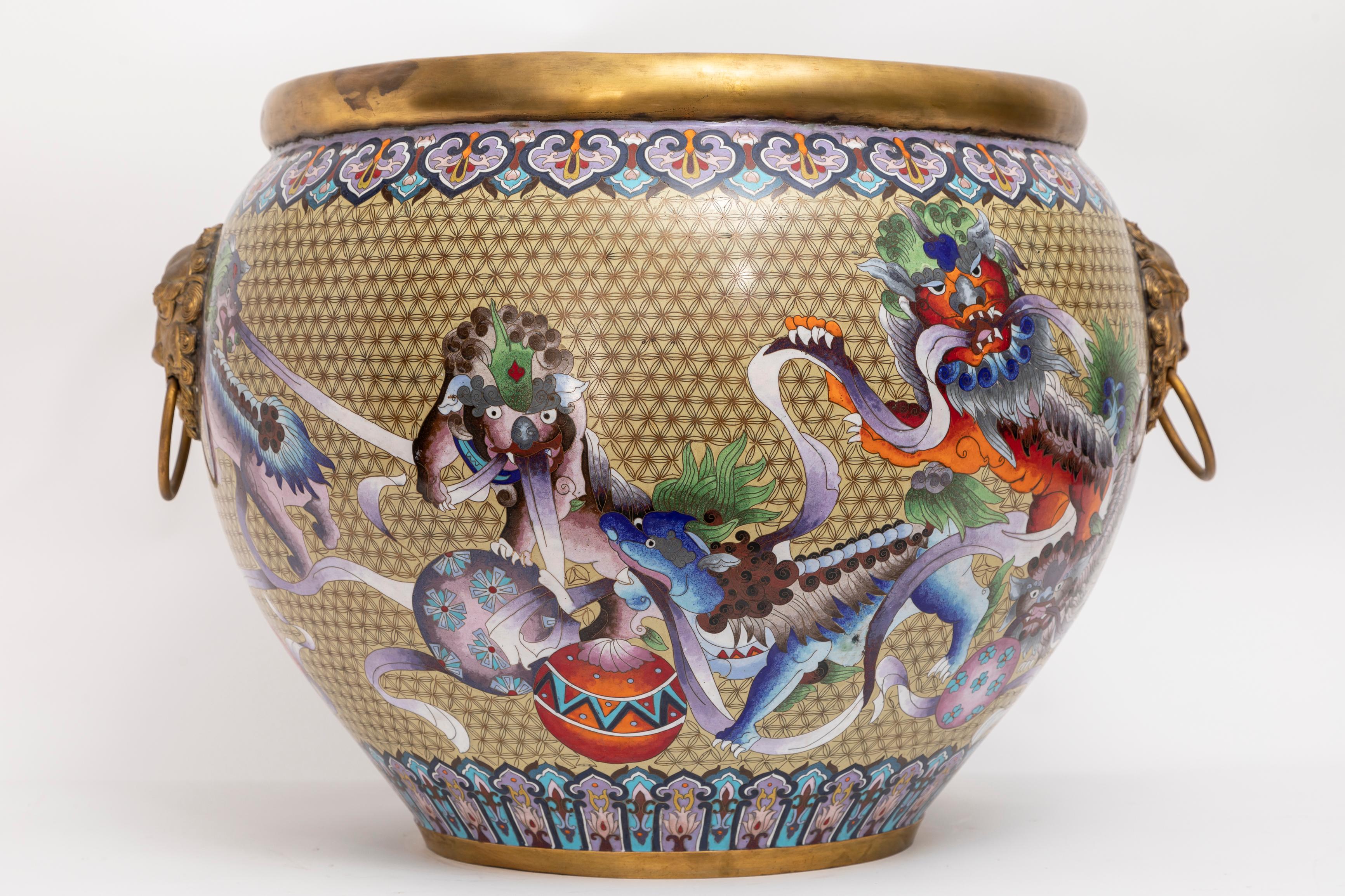 Hand-Crafted Chinese Bronze Cloisonné Foo Dog Jardinière, Lion Mask Handles: Republic Period For Sale