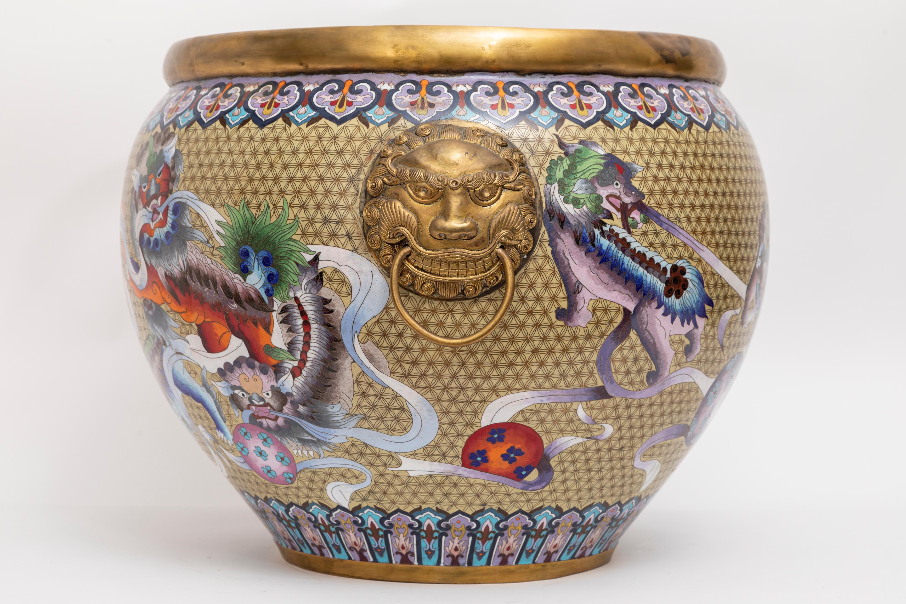 Chinese Bronze Cloisonné Foo Dog Jardinière, Lion Mask Handles: Republic Period In Excellent Condition For Sale In New York, NY