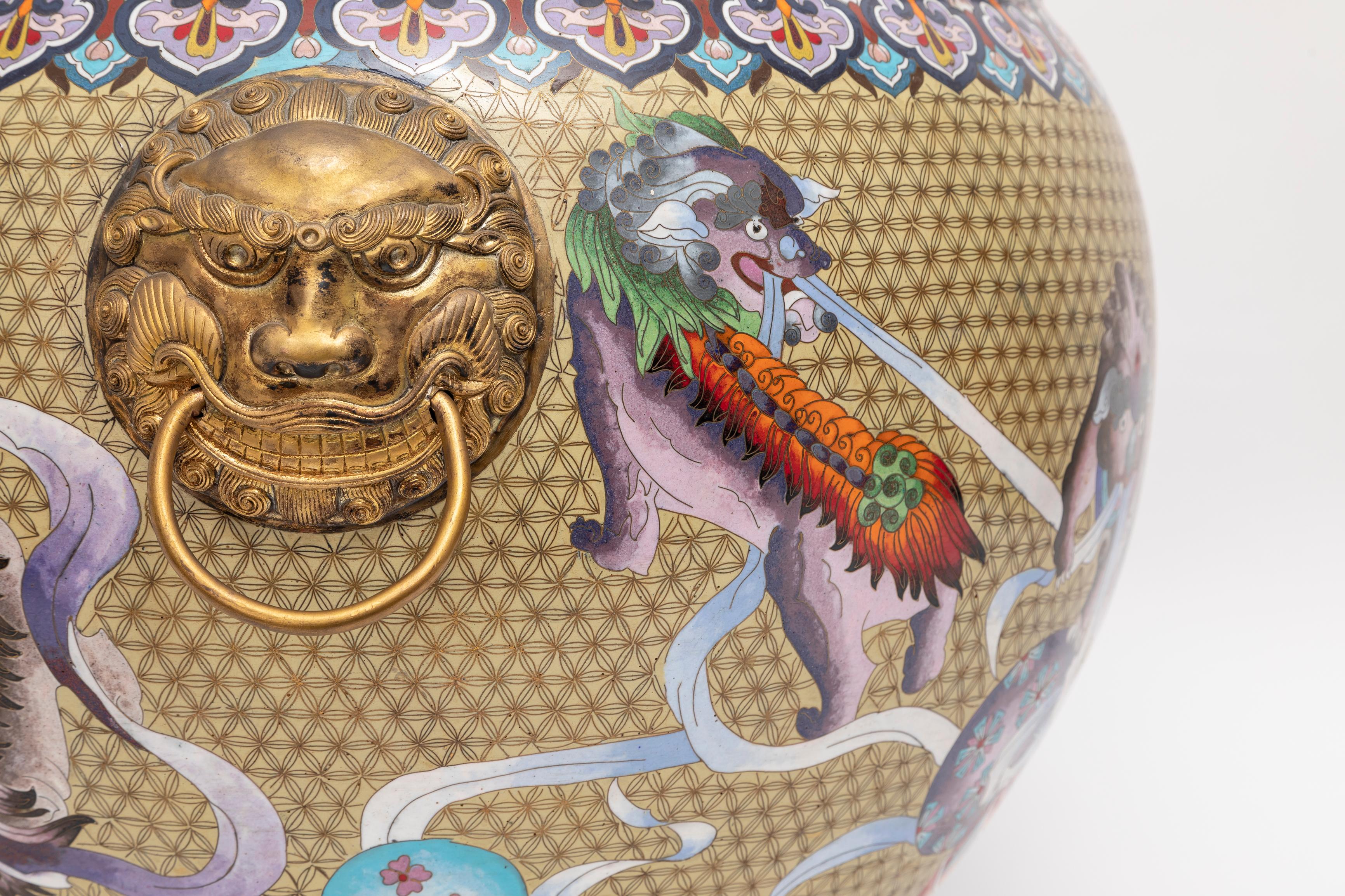 20th Century Chinese Bronze Cloisonné Foo Dog Jardinière, Lion Mask Handles: Republic Period For Sale