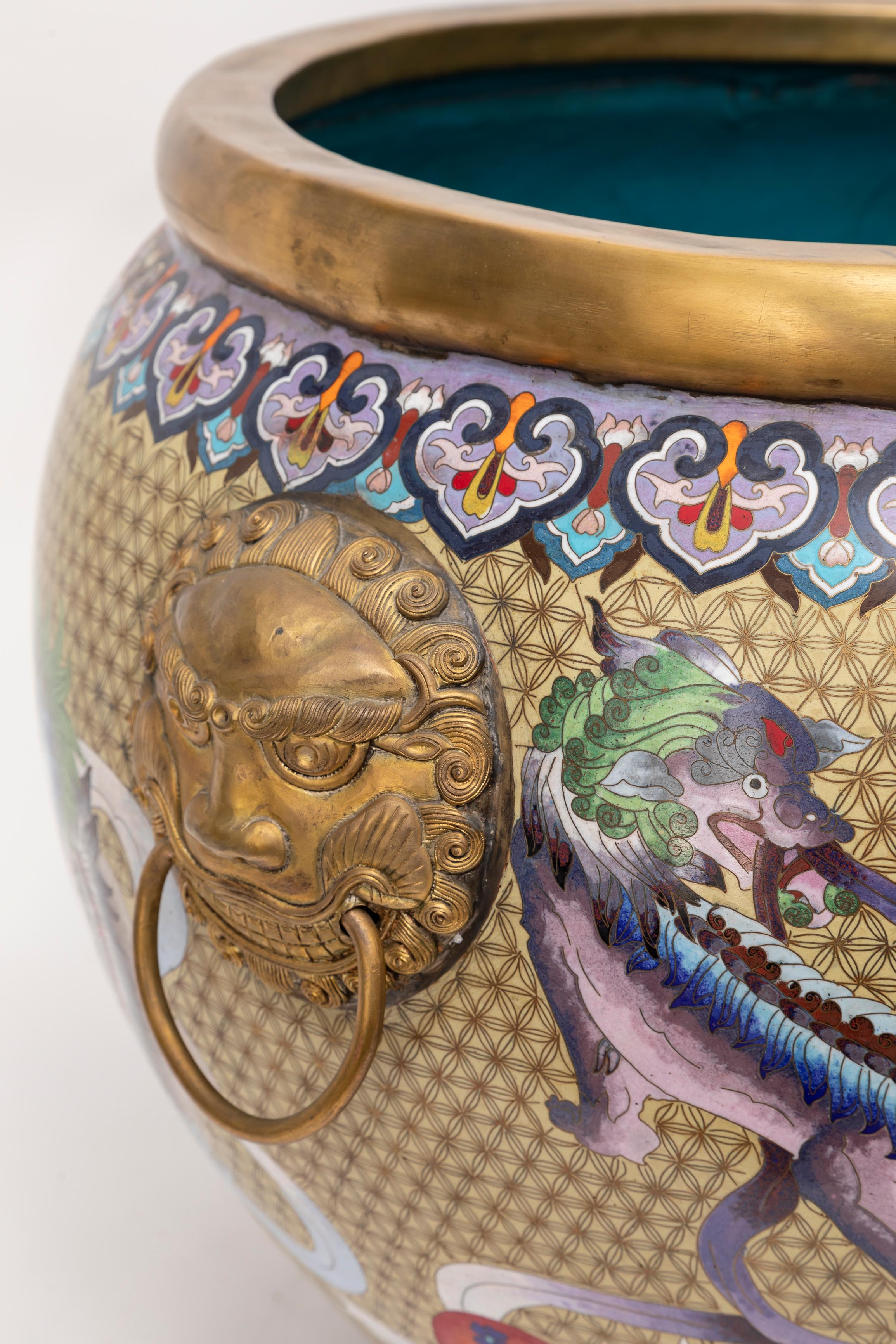 Chinese Bronze Cloisonné Foo Dog Jardinière, Lion Mask Handles: Republic Period For Sale 2