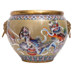 Jardinera China de Bronce Cloisonné Perro Foo, Asas de Máscara de León: Periodo de la República