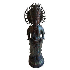 Antique Chinese Bronze Cloissoné Bodhisattva Quan Yin Statue