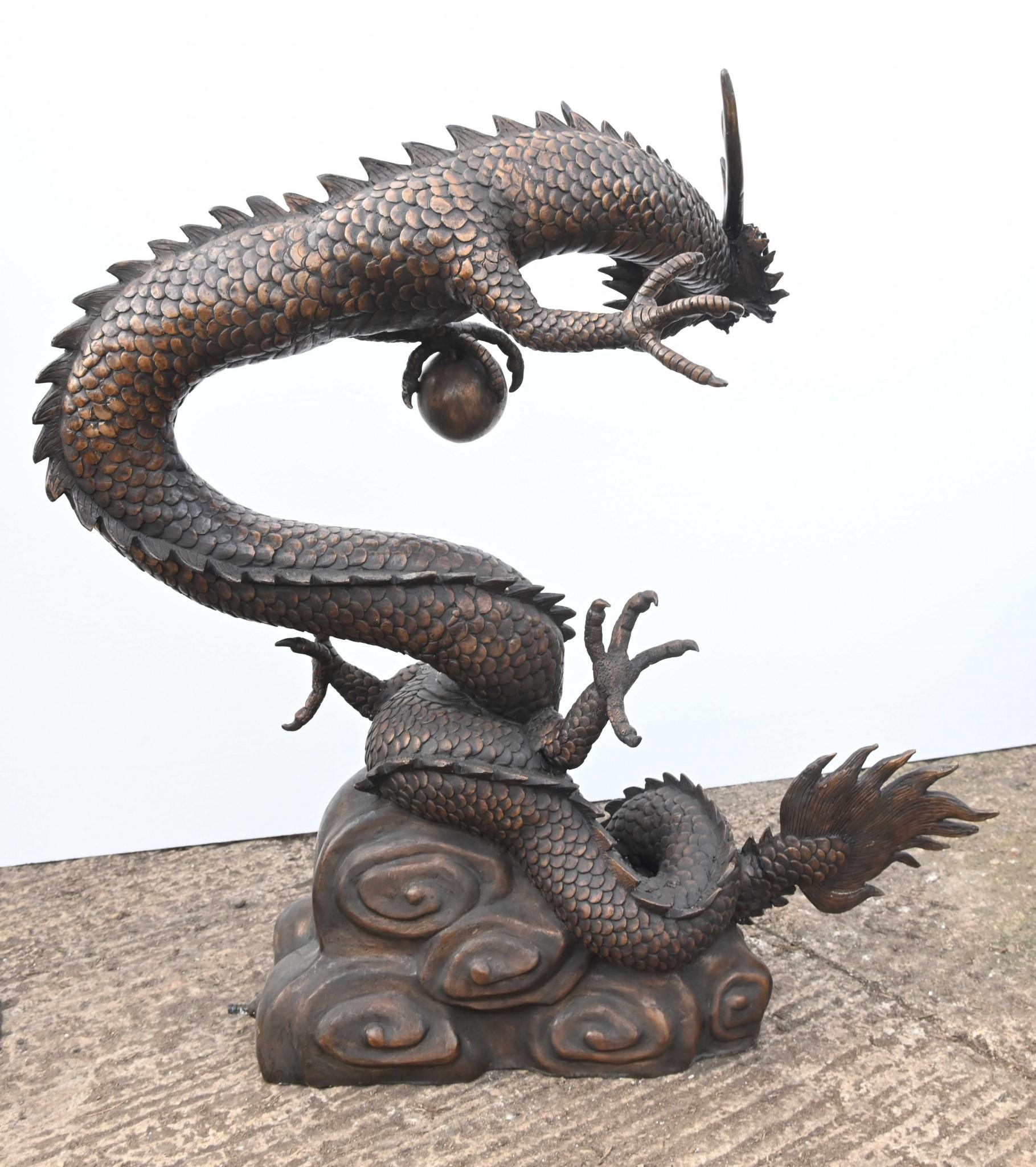 A large Bronze study of a Chinese mythological dragon which also doubles as a fountain
Suitable for inside or outside
Of course being bronze, this can live outside with no fear of rusting
Easy to configure with a water pump and the water would spurt