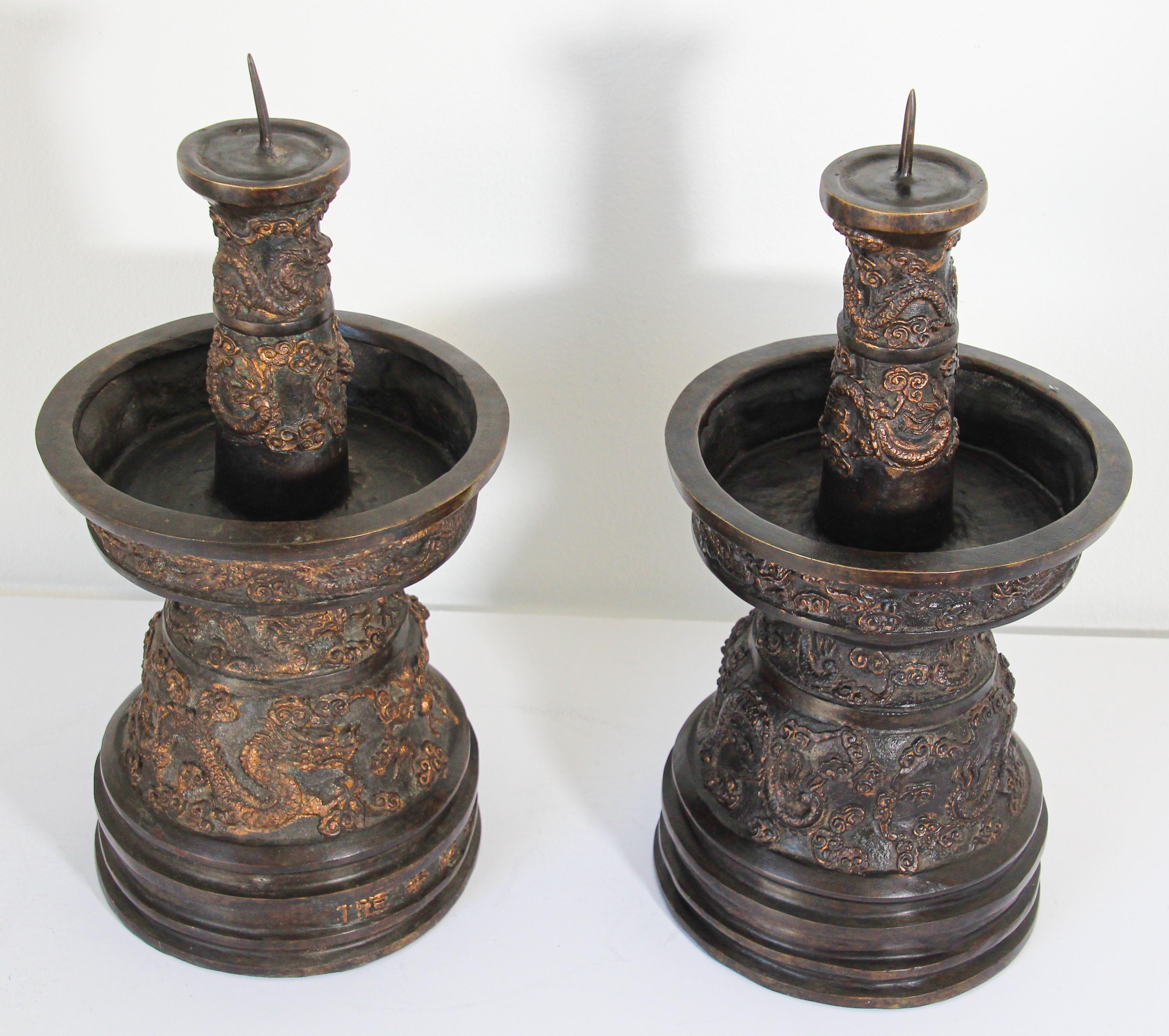 20th Century Chinese Bronze Dragons Candlesticks Imperial Style For Sale
