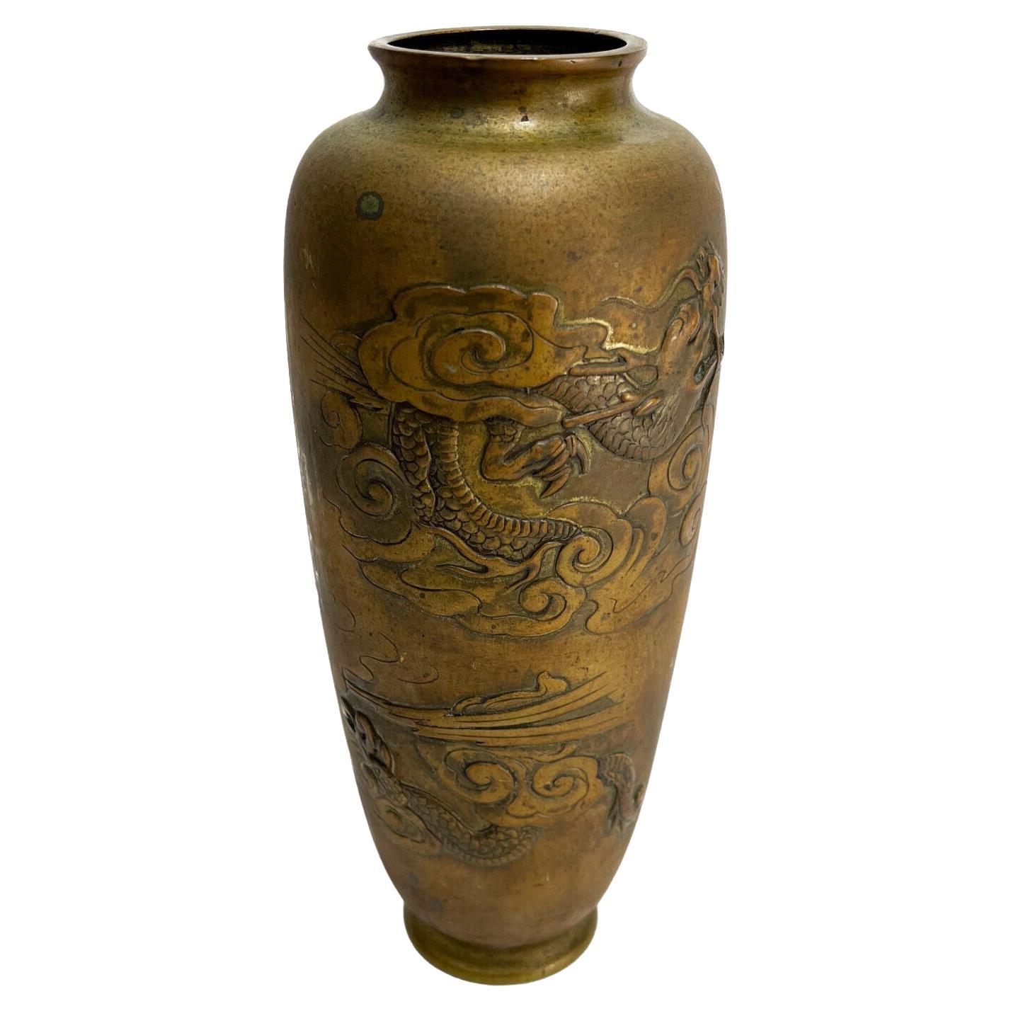  Chinese Bronze Etched Figural Dragon Vase For Sale