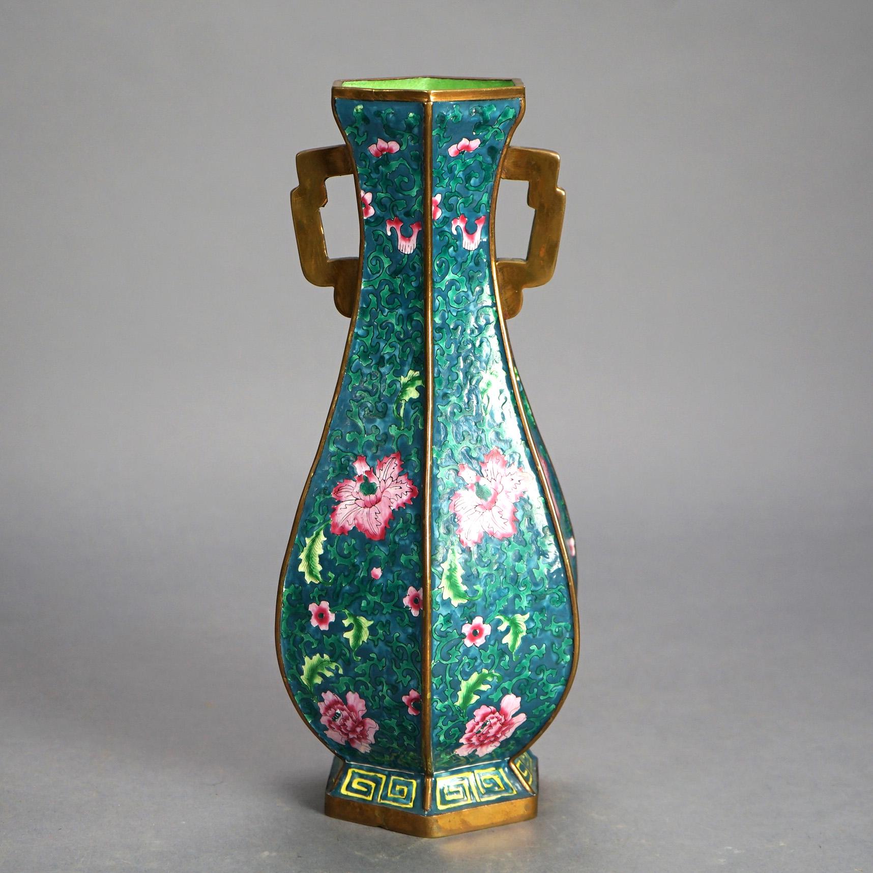 Chinese Bronze Faceted & Handled Vase with Enameled Floral Design 20thC

Measures - 12
