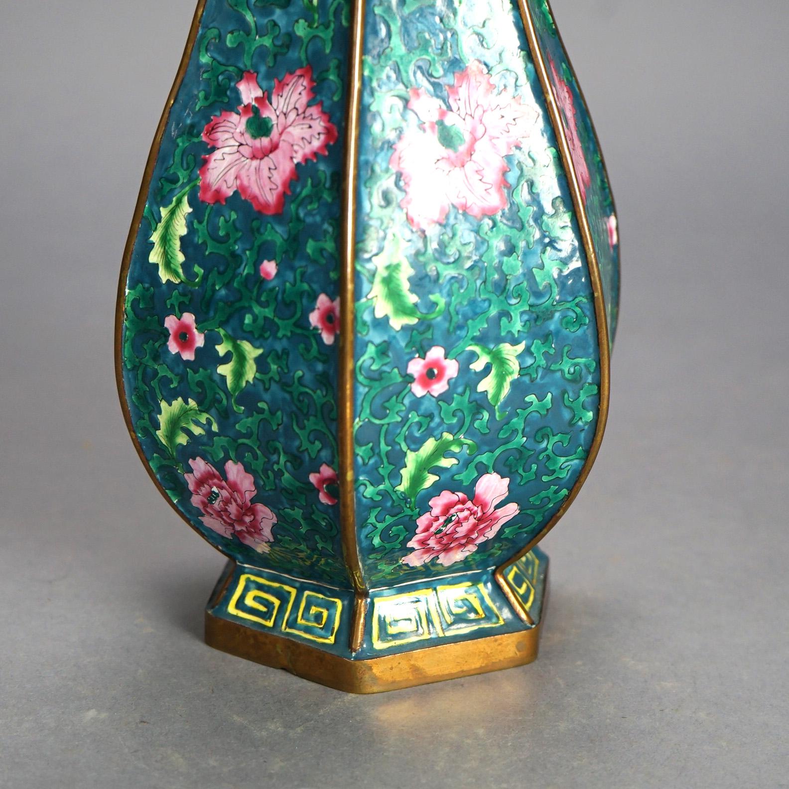 Chinese Bronze Faceted & Handled Vase with Enameled Floral Design 20thC In Good Condition For Sale In Big Flats, NY