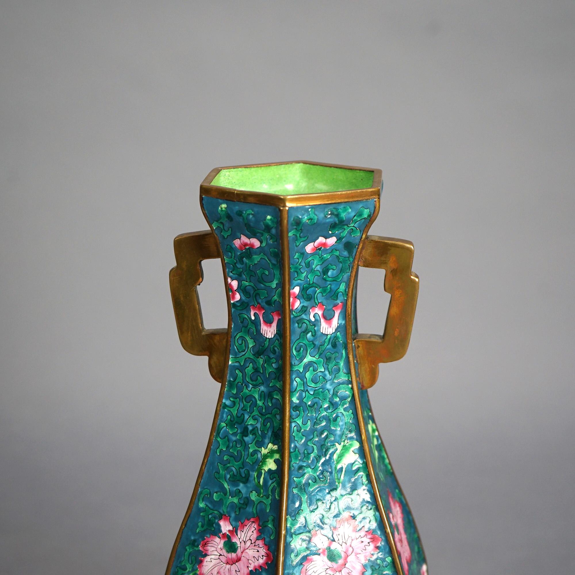 20th Century Chinese Bronze Faceted & Handled Vase with Enameled Floral Design 20thC For Sale