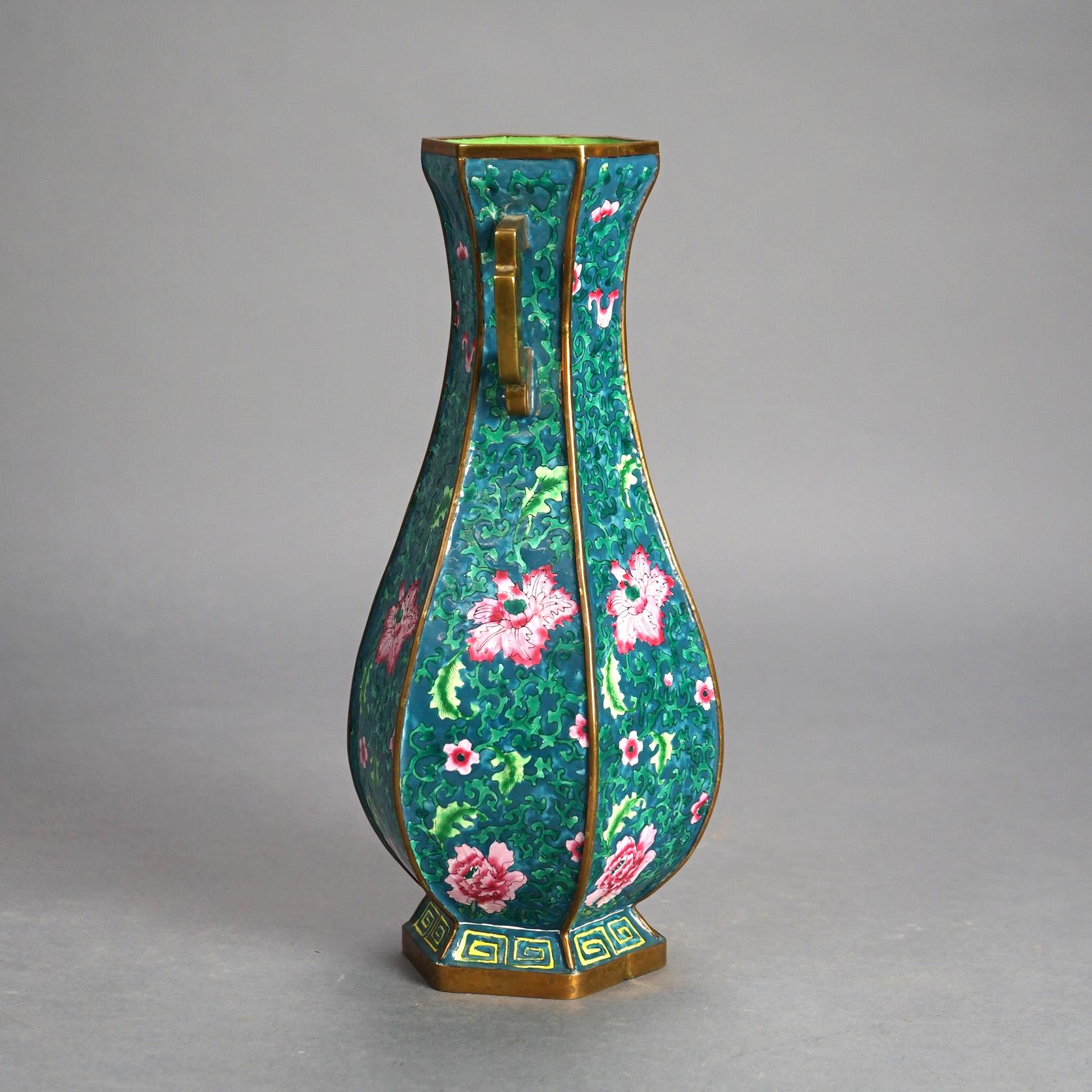 Chinese Bronze Faceted & Handled Vase with Enameled Floral Design 20thC For Sale 2