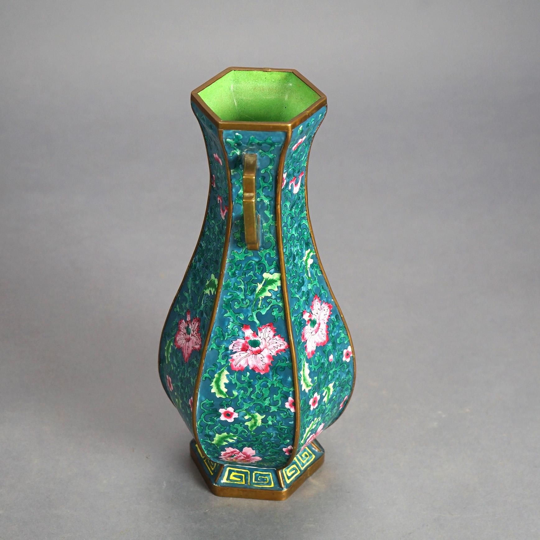 Chinese Bronze Faceted & Handled Vase with Enameled Floral Design 20thC For Sale 3