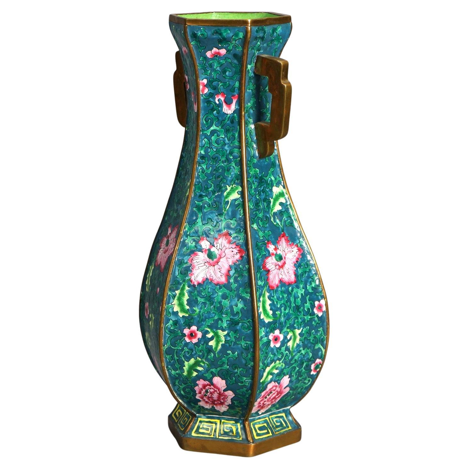 Chinese Bronze Faceted & Handled Vase with Enameled Floral Design 20thC For Sale