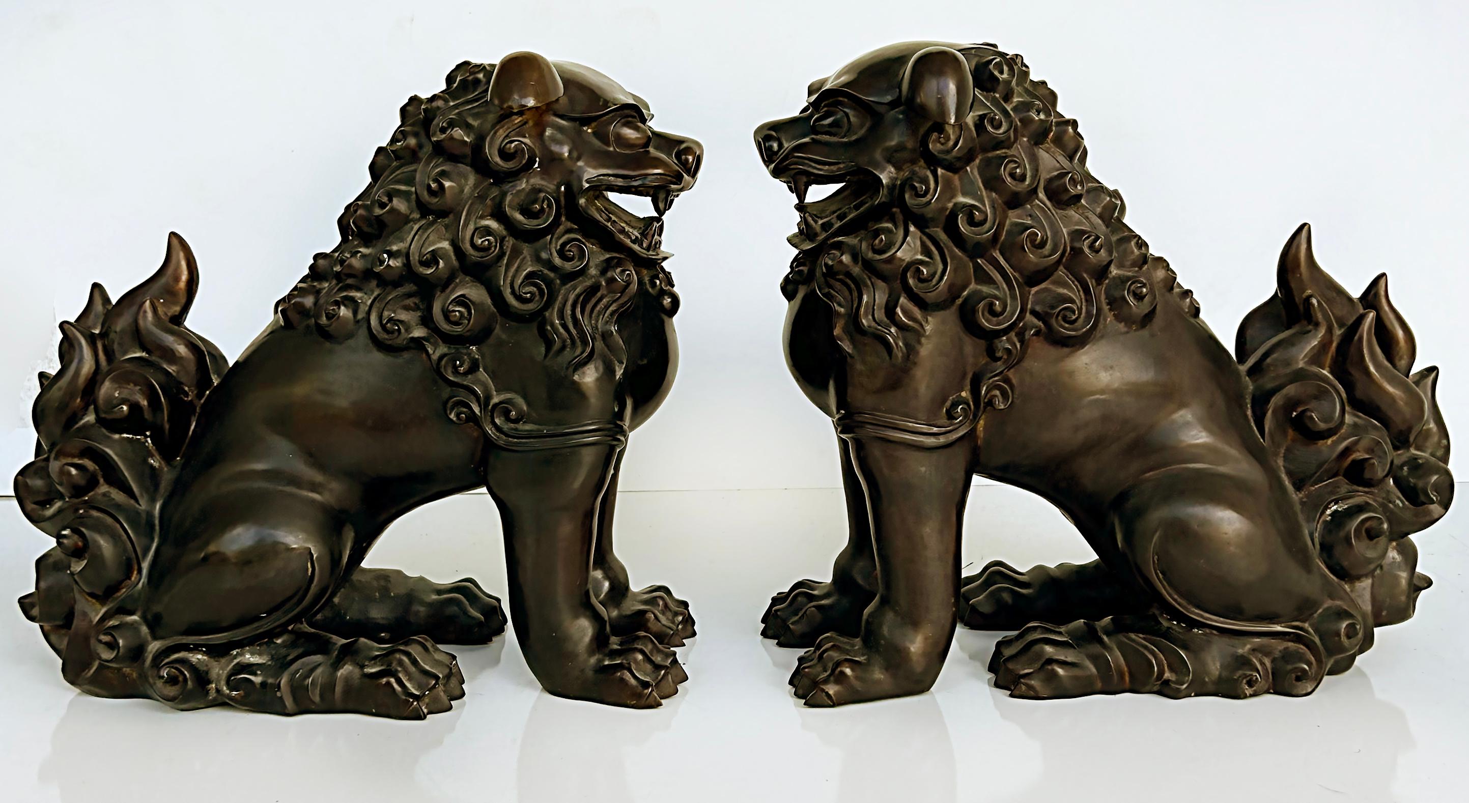 Chinese Bronze Foo Dogs Sculptures, a Pair In Good Condition In Miami, FL