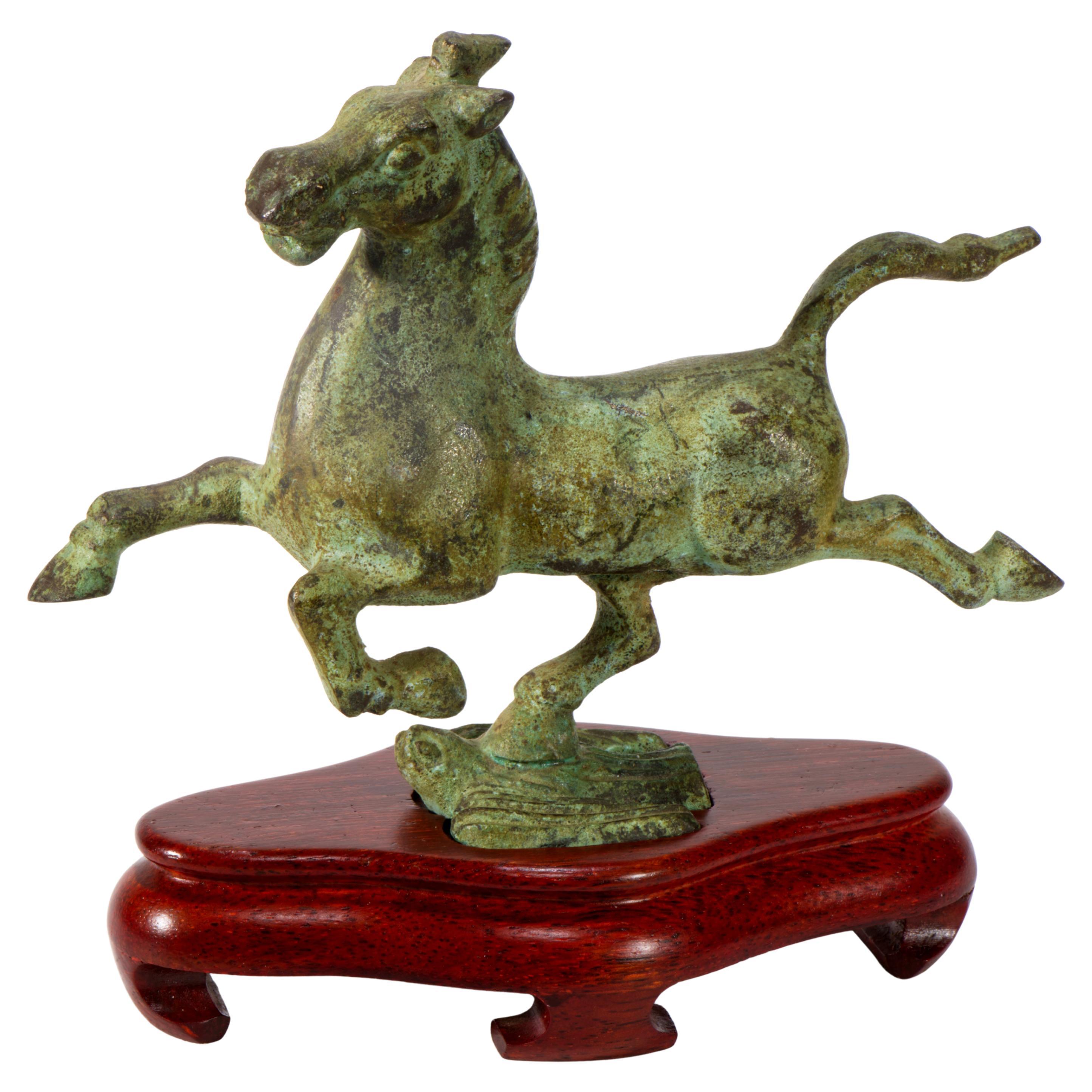 Chinese Bronze Horse on Flying Swallow Sculpture on Carved Wood Base For Sale